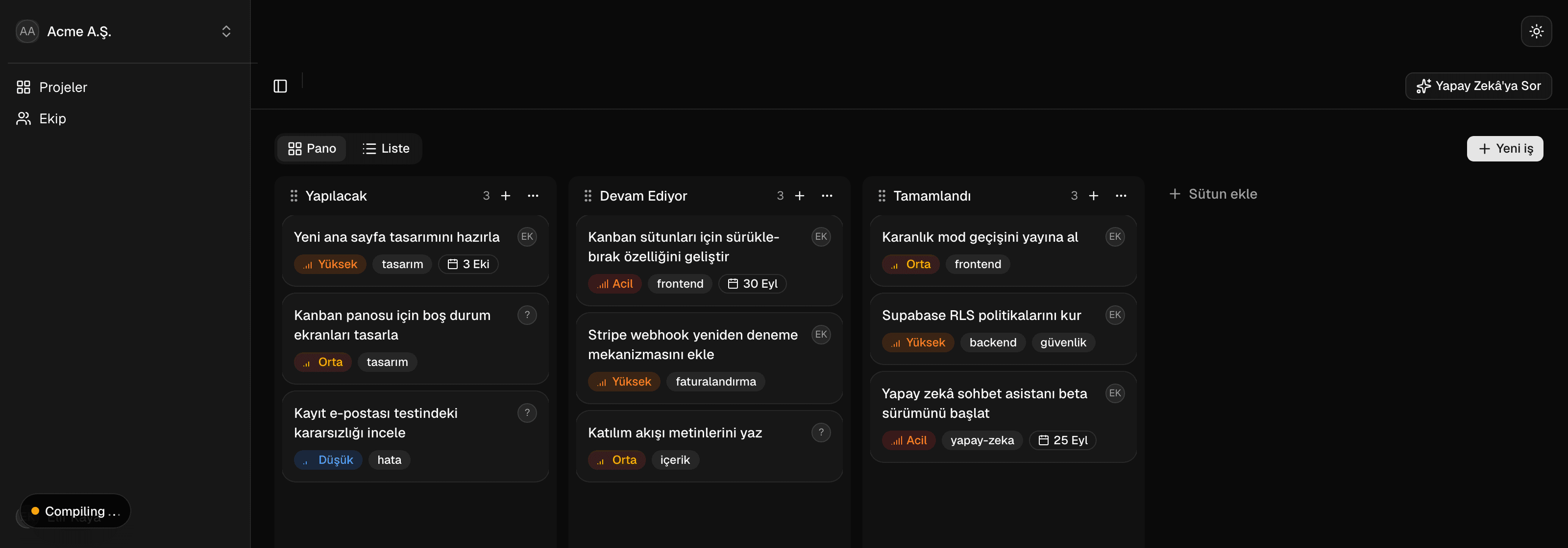 Orbit'in kanban panosu; işler Yapılacak, Devam Ediyor ve Tamamlandı sütunlarında düzenlenmiş